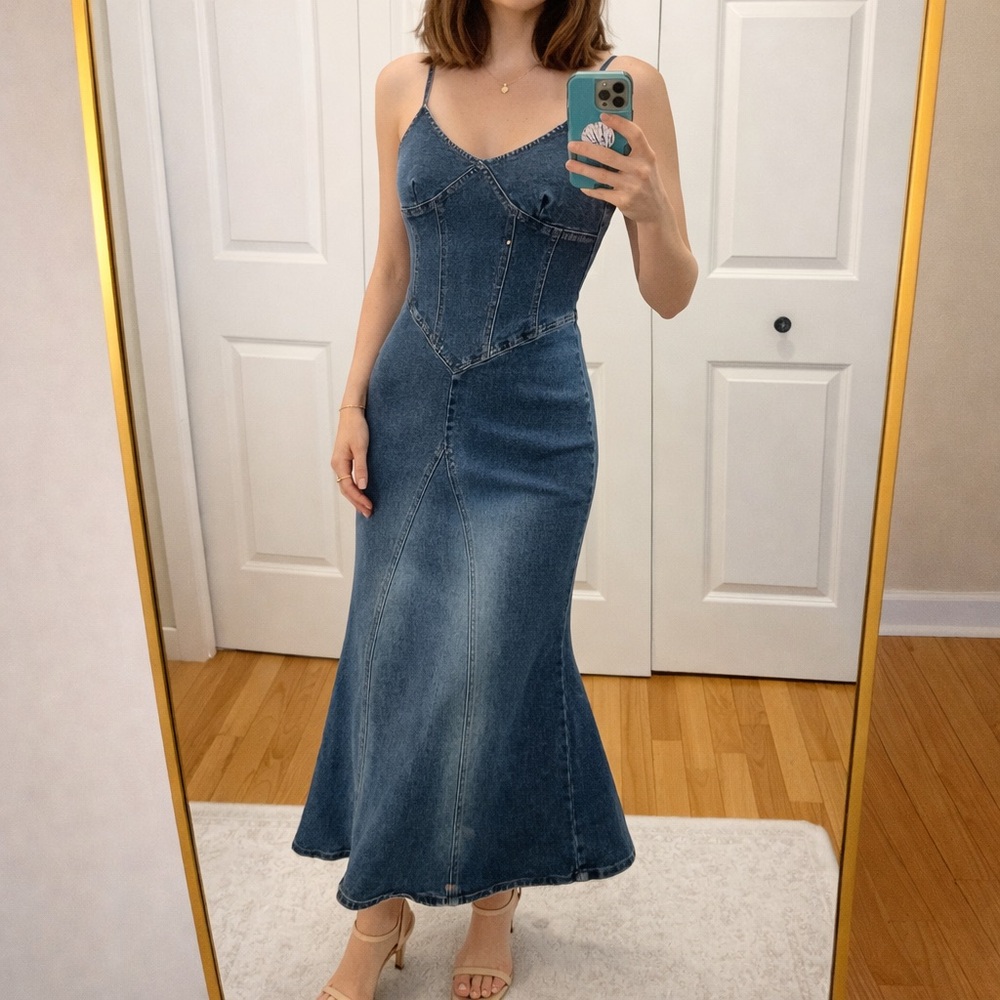 Moda International Vintage y2k denim statement dress size 2 Midi jean corset top